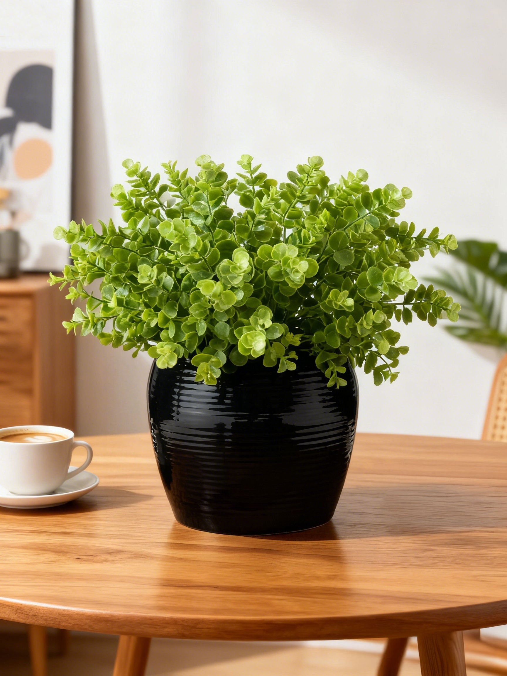 Black Glazed Flovra Ribbed Stoneware Table Vase for Home Decor