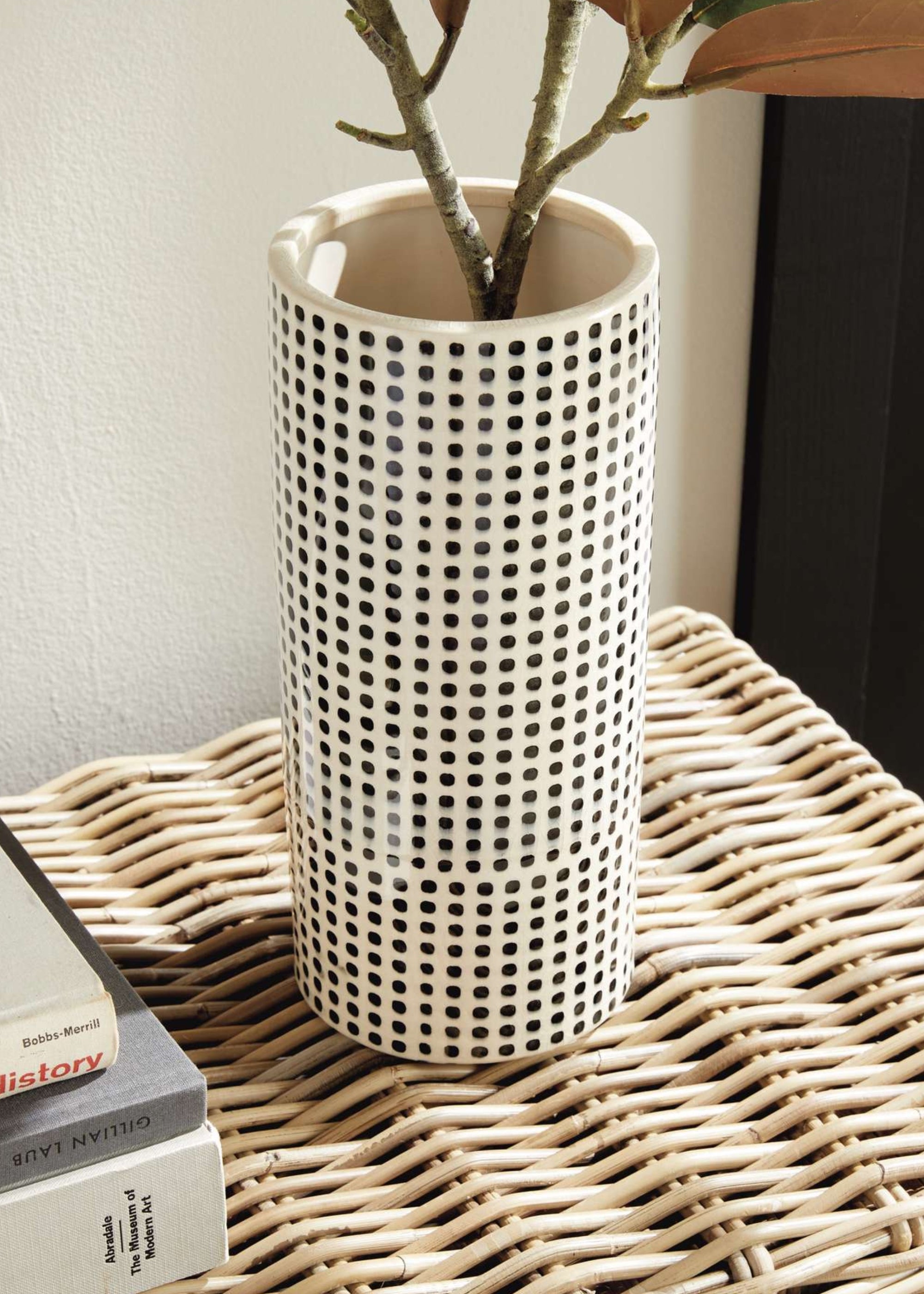 White Handmade White and Black Dotted Ceramic Cylinder Vase for Table Centerpiece
