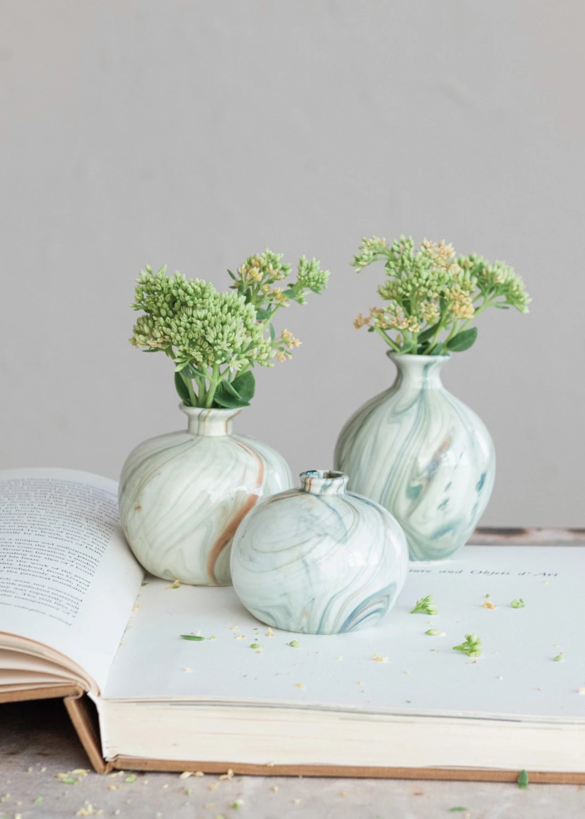 Small Set Marbled Stoneware Glazed Bud Vases for Home Decor