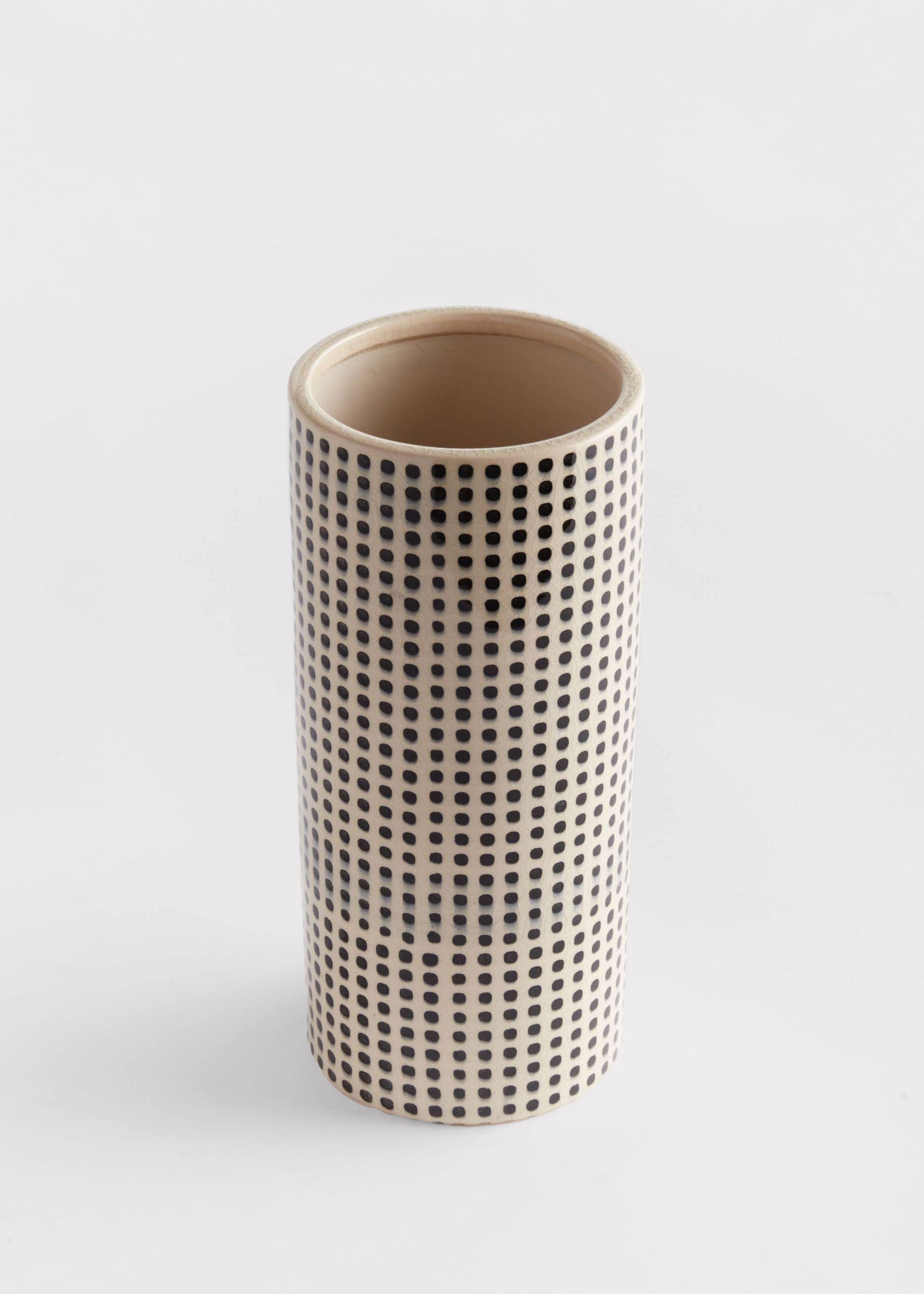 White Handmade White and Black Dotted Ceramic Cylinder Vase for Wedding Decor