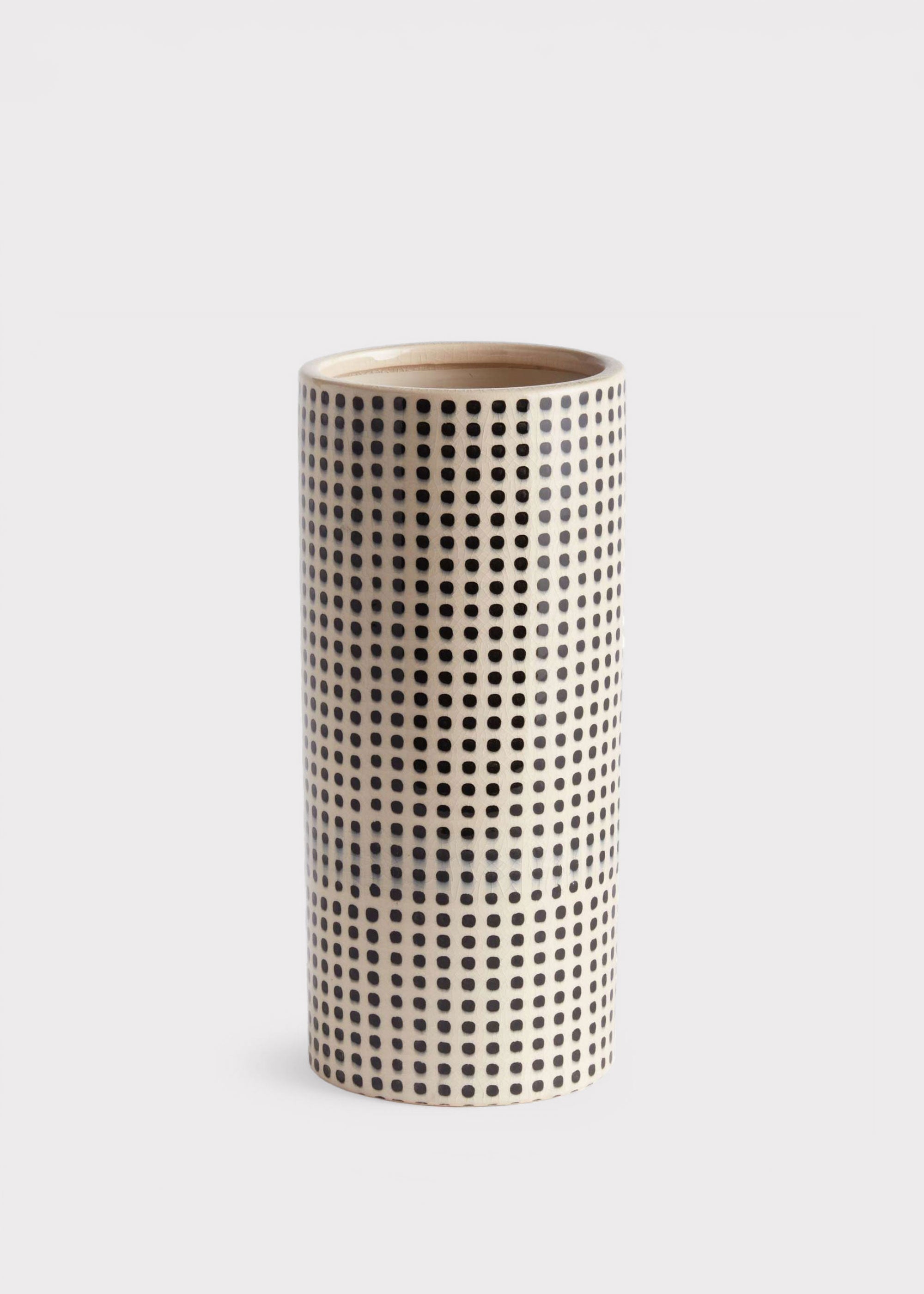 White Handmade White and Black Dotted Ceramic Cylinder Vase for Vase Styling