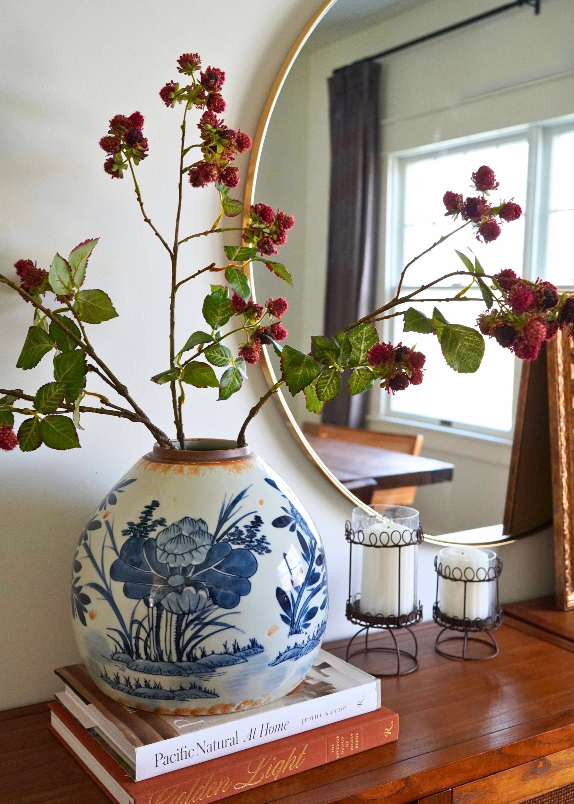 Burgundy Artificial Mauve and Burgundy Raspberry Fruit Branch for Entryway Arrangement