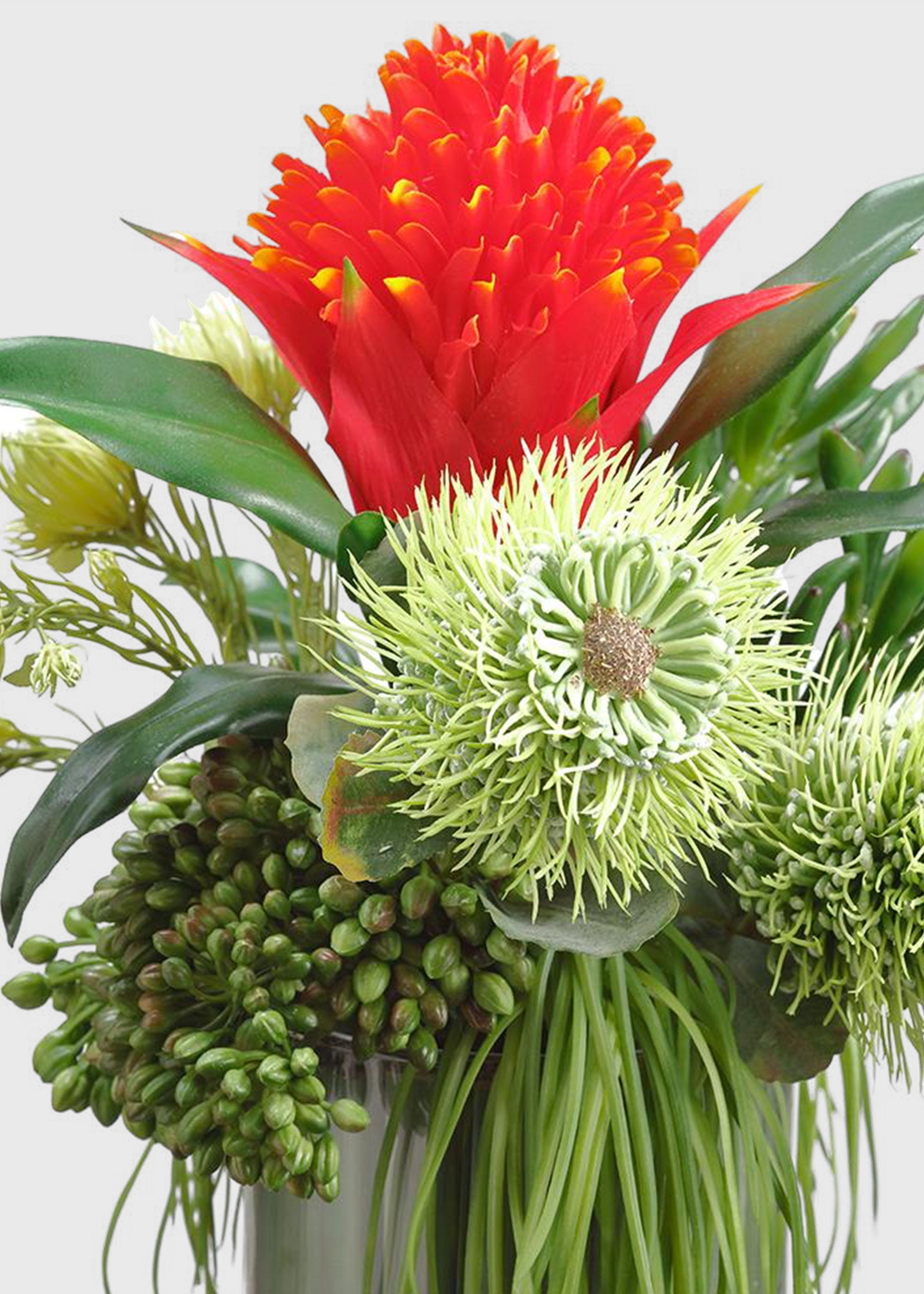 Red Artificial Bromeliad and Protea Tropical Arrangement for Home Decor