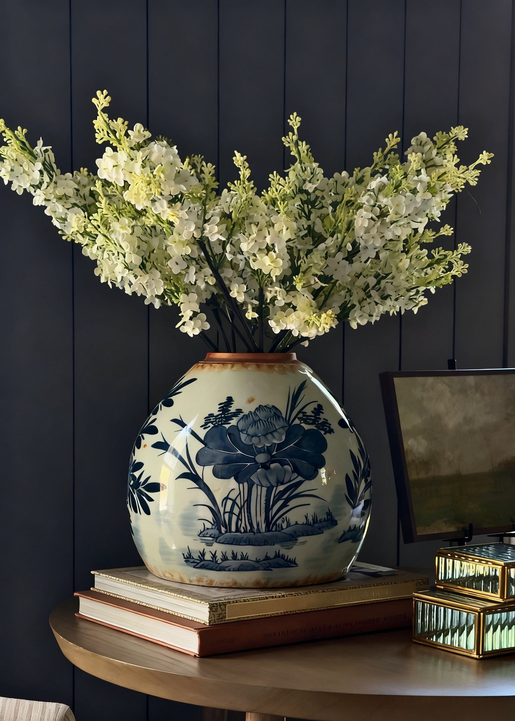 White Hand Painted Blue and White Stoneware Ginger Jar Vase for Entryway Arrangement