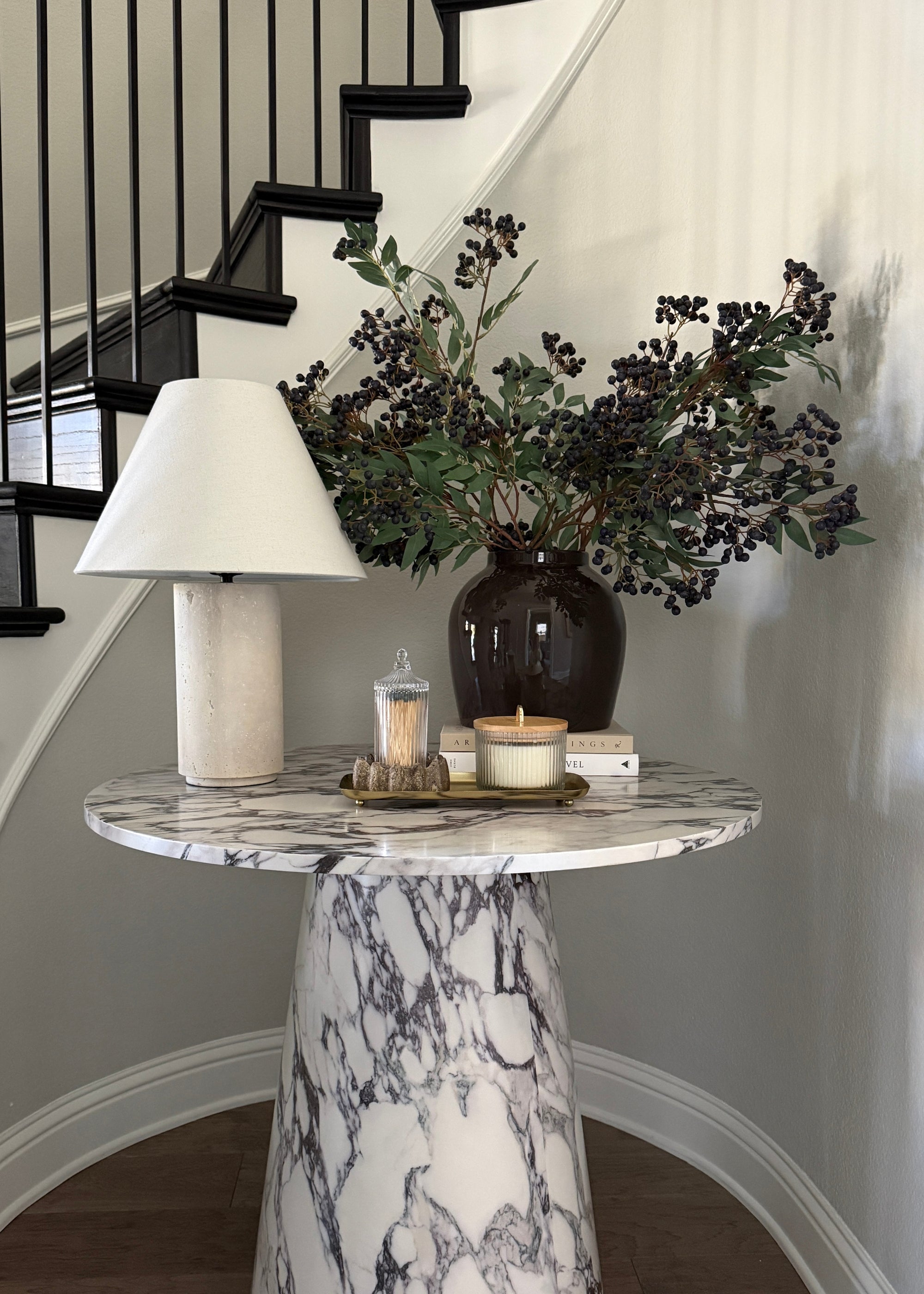 Cool blue faux berry branch for mantel decor