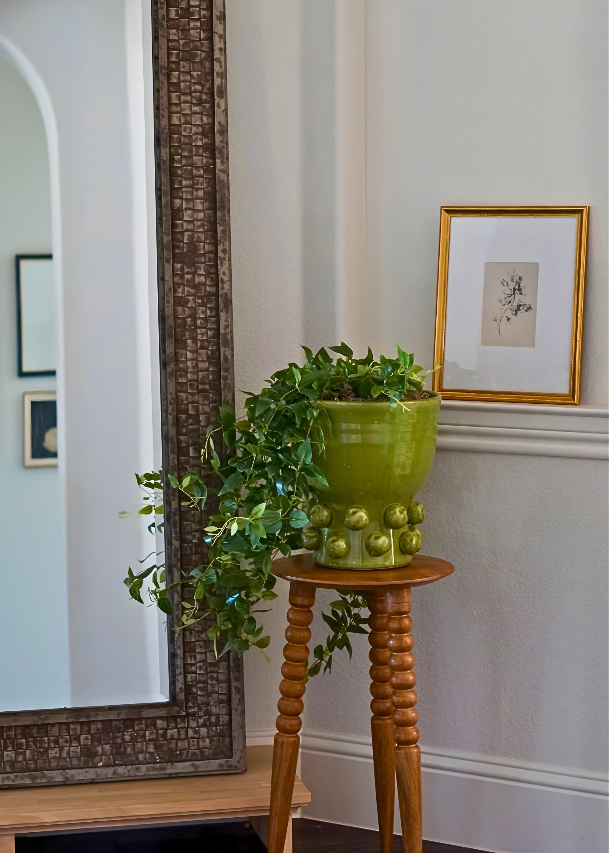Green Handmade Terra Cotta Hobnail Footed Vase for Home Decor