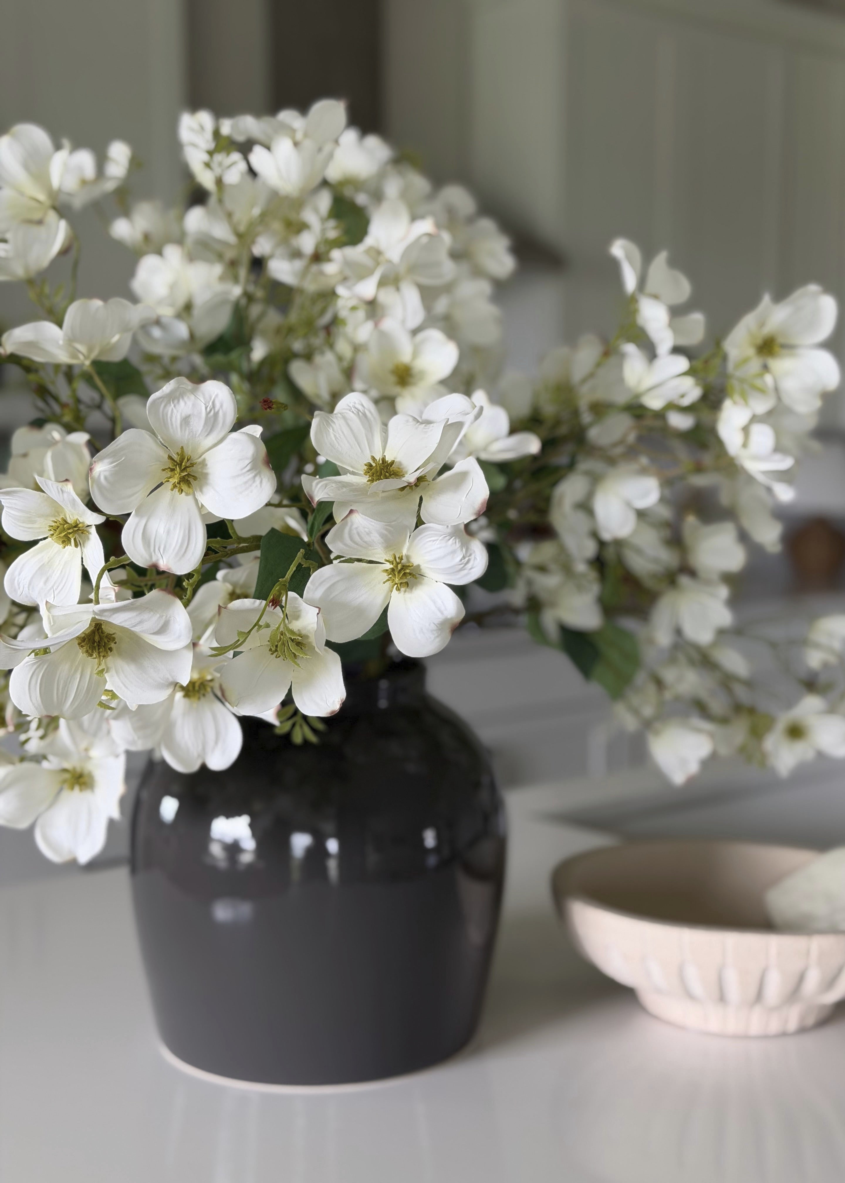 White Large White Dogwood Branch and Slate Vase Design for Table Centerpiece
