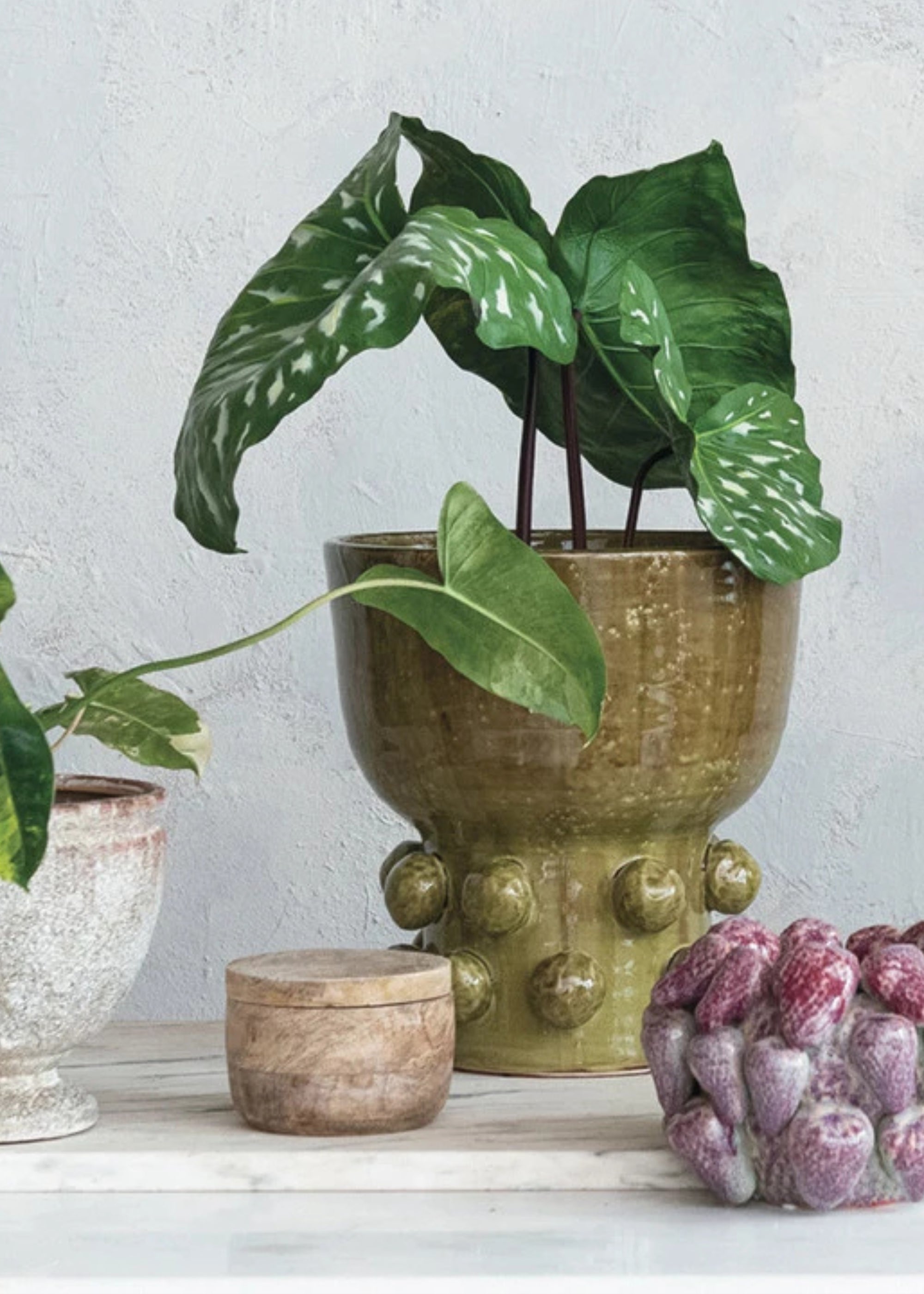 Green Handmade Terra Cotta Hobnail Footed Vase for Table Centerpiece