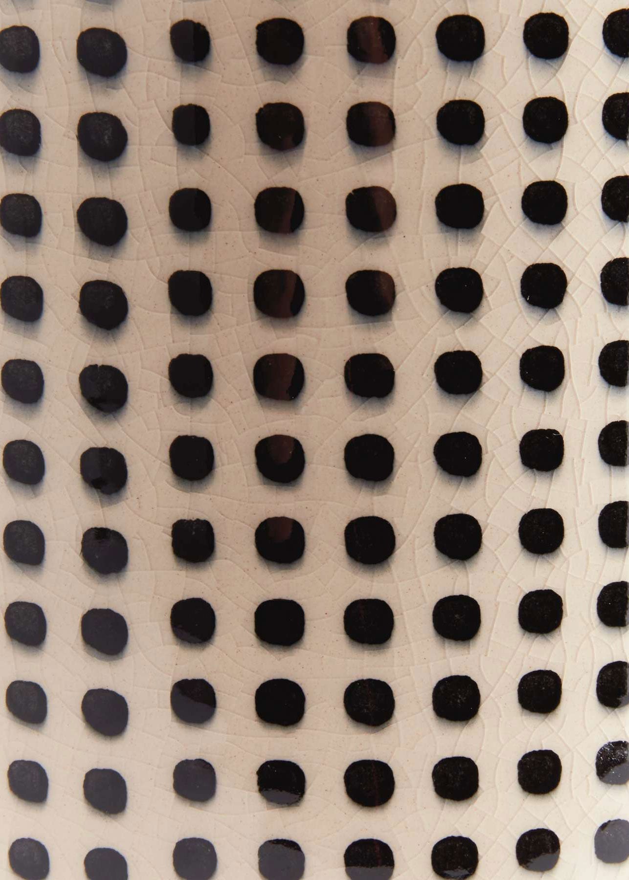 White Handmade White and Black Dotted Ceramic Cylinder Vase for Shelf Styling