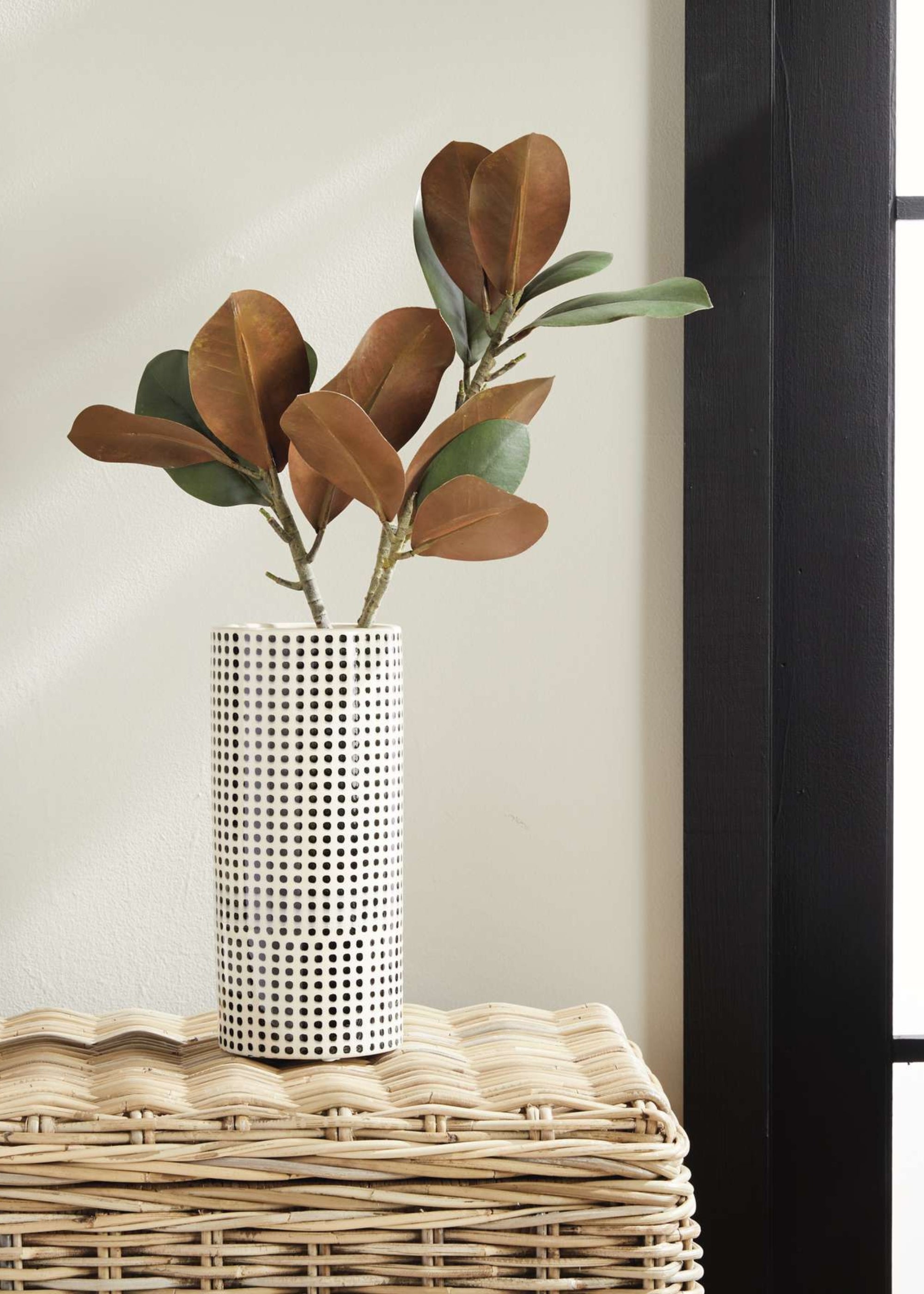 White Handmade White and Black Dotted Ceramic Cylinder Vase for Home Decor