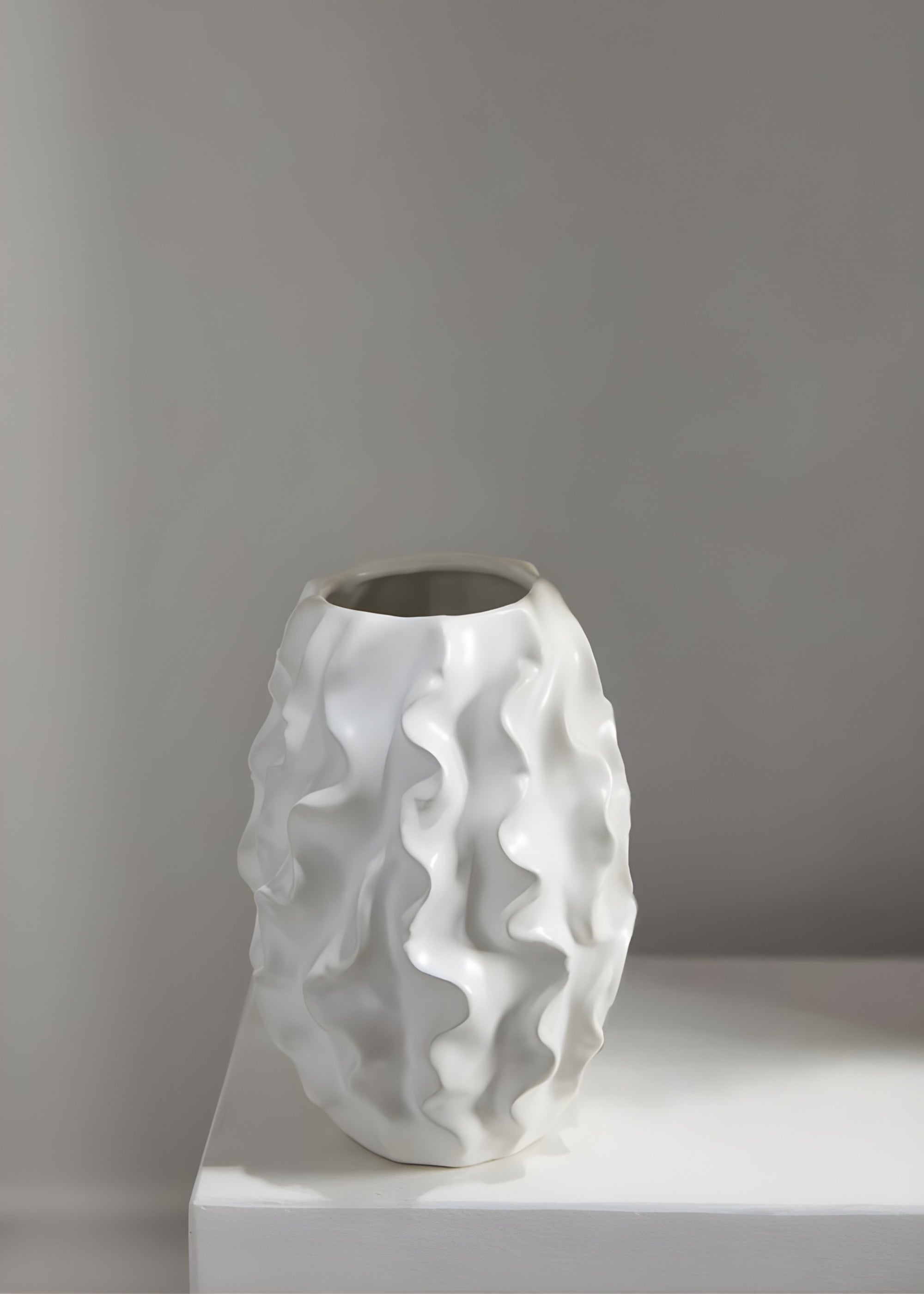 White Matte White Ceramic Ruffle Vase for Table Centerpiece